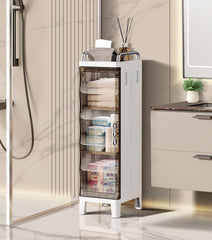 HAOYYE Slim Storage Cabinet With Adjustable Shelves And Magnetic Doors Waterproof Freestanding Organizer For Bathroom Kitchen Laundry Room Bedroom Narrow Spaces Space Saving White Modern Design