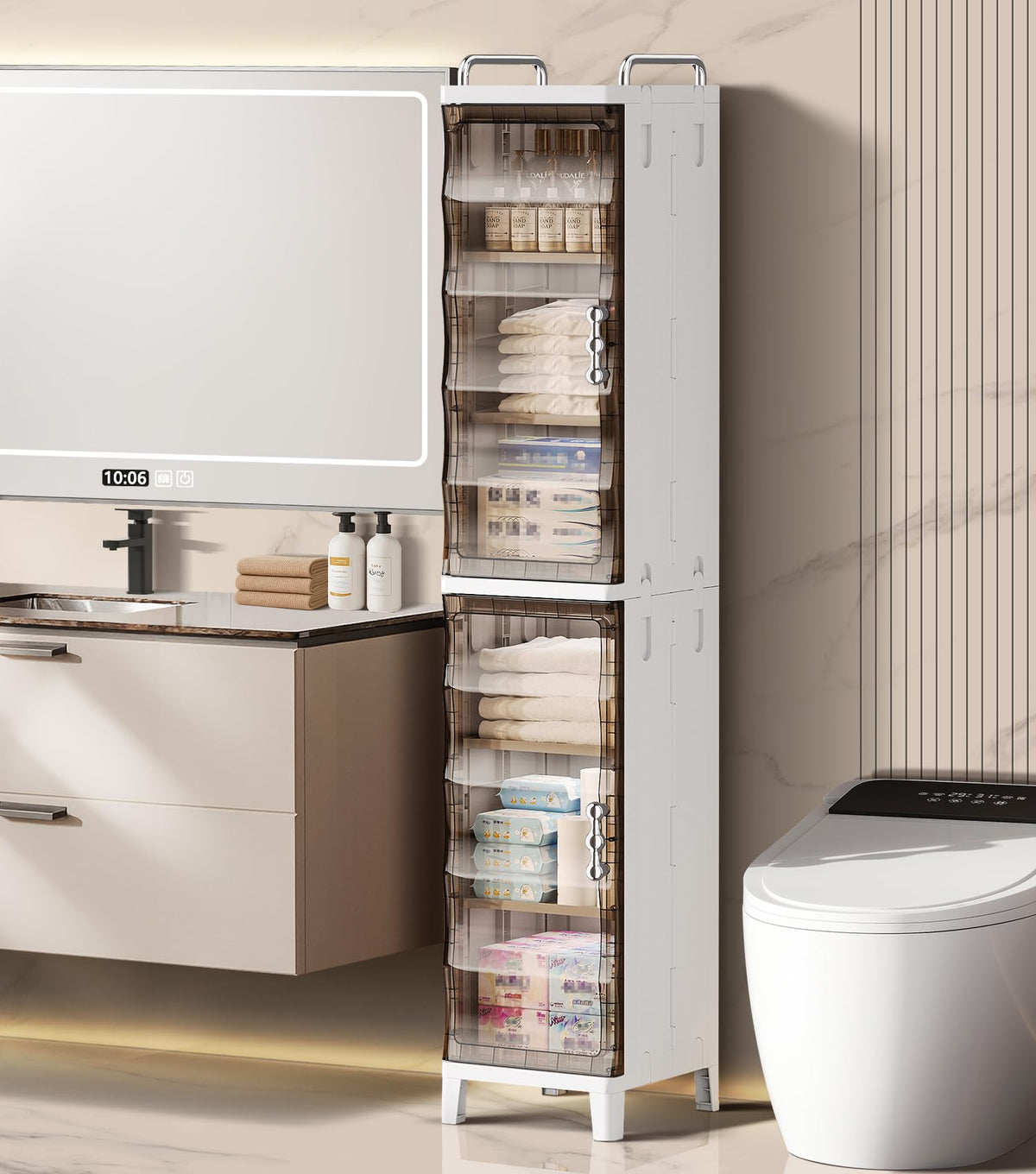 HAOYYE Small Narrow Storage Cabinet with Doors and Adjustable Shelves, Slim Waterproof Plastic Freestanding Organizer for Bathroom, Kitchen, Laundry Room, Bedroom, Space-Saving Skinny Cabinet for Gap Spaces