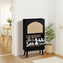 HAOYYE 2-Door Flip-Down Shoe Cabinet with High-Leg Arched Rattan Fronts, Durable Particle Board and Plastic Rattan Construction, Black Frame with Natural Wood Rattan Surface, Space-Saving Entryway Storage