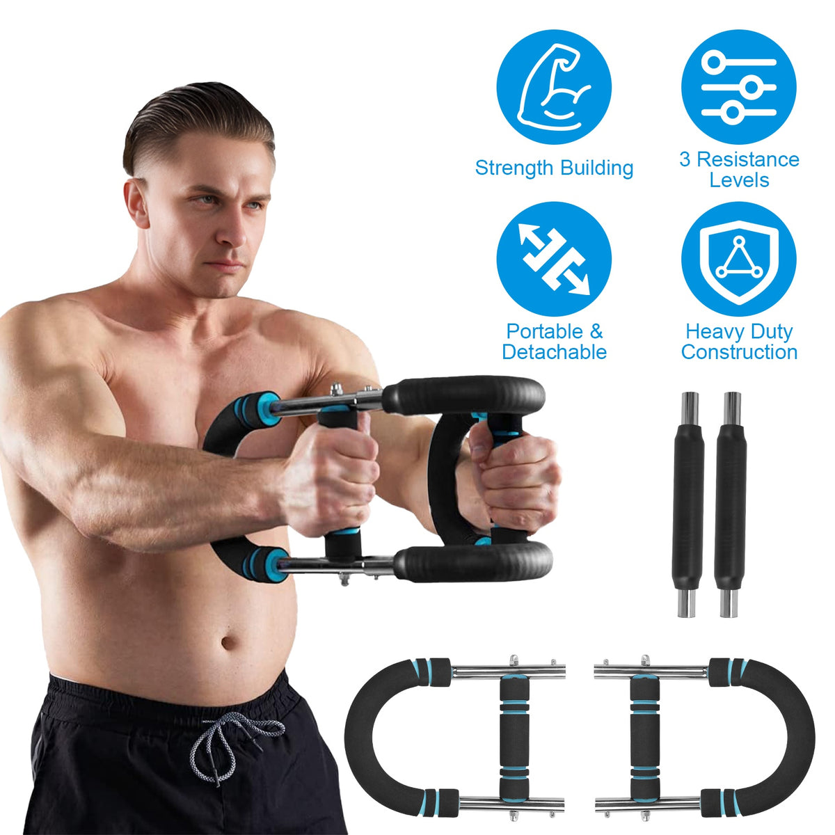 HAOYYE Portable Arm Trainer with 3 Adjustable Resistance Levels for Strength Training and Muscle Toning, Heavy Duty Steel Power Twister Bar with Non-Slip EVA Handles, Compact Detachable Design for Home Office or Travel Workouts
