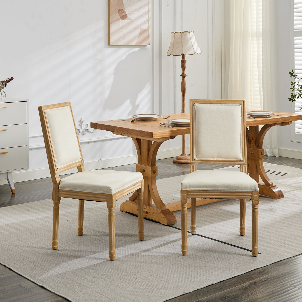 French Decor Chairs Set of 2, Louis Dining Chairs with Square Backrest and Exquisitely Carved Solid Wood Frame for Living Room, Kitchen, Restaurant,SW1879BG, Beige