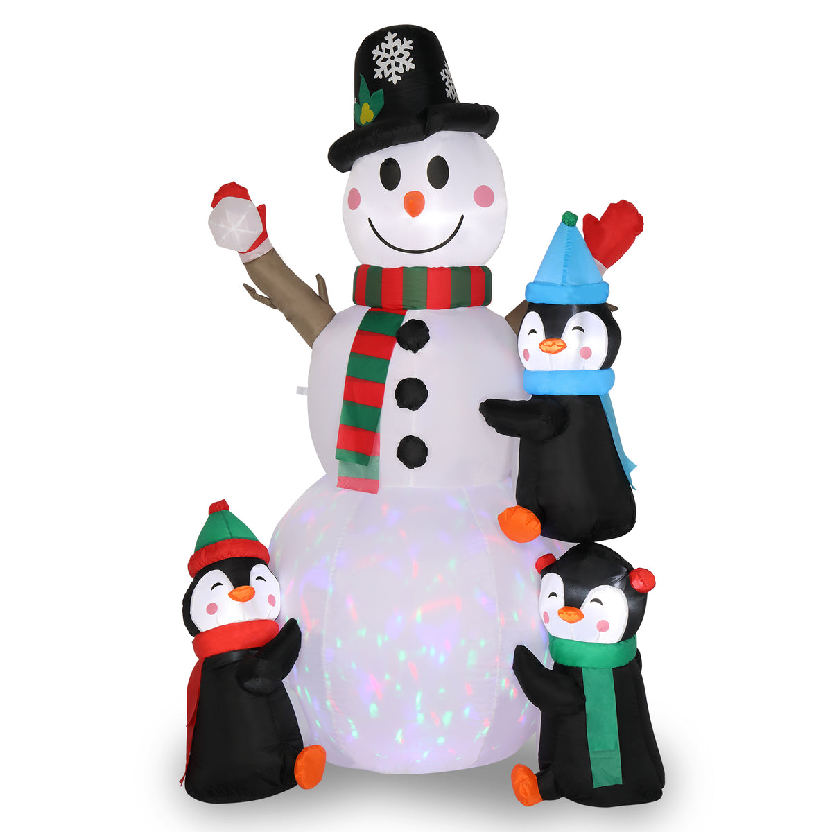 HAOYYE 6FT Inflatable Christmas Snowman Decoration with Three Penguins, Four Light Strings and One Colorful Rotating Light, Holiday Yard Garden Outdoor Decoration for Front Yard Lawn Party Winter Decor