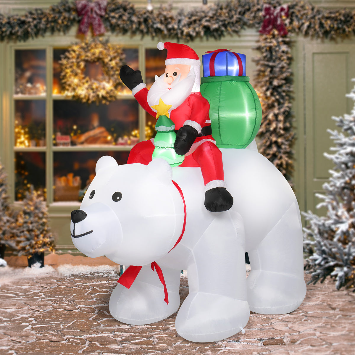 HAOYYE 6FT Inflatable Santa Claus Riding Polar Bear Decoration with 15W Power and 7 LED Lights, Holiday Yard Outdoor Christmas Decoration for Front Lawn Garden Festive Display Winter Party Décor