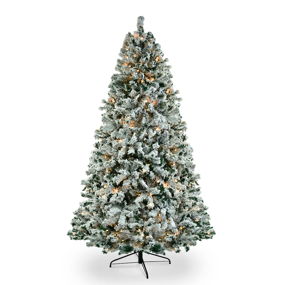 HAOYYE Snowy Green Pre-lit Snow Flocked Christmas Tree with 11 Lighting Modes, 300 LED Lights and Remote Control, Hinged Artificial Xmas Pine Tree for Holiday Party, Office and Home, 800 Branch Tips