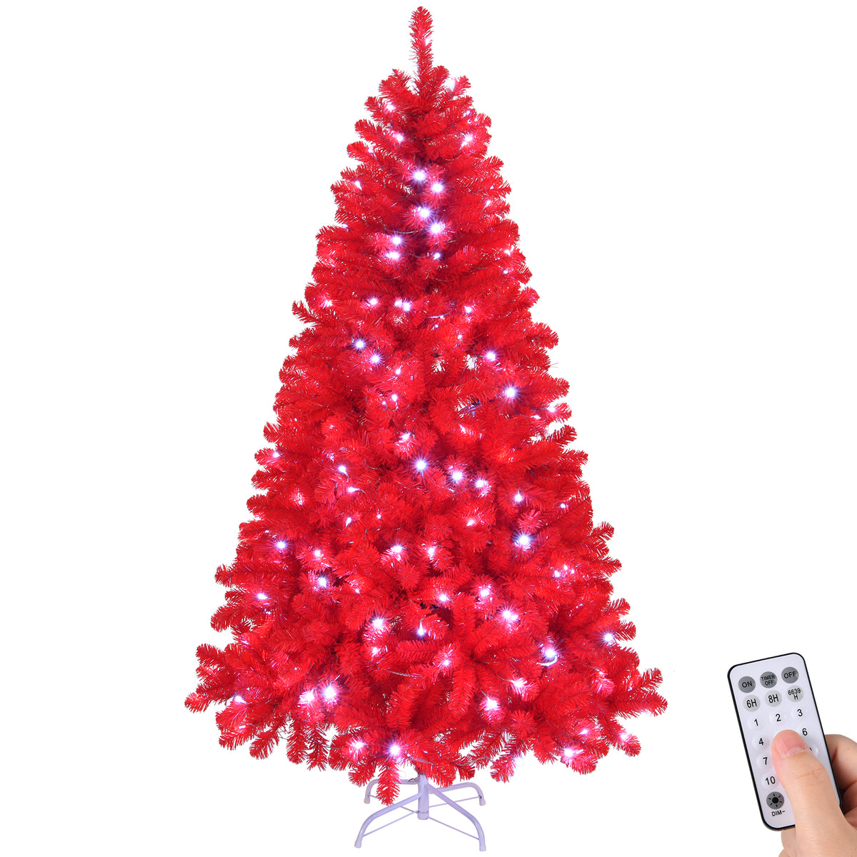 HAOYYE Pre-lit Artificial Christmas Tree Red with 800 Branch Tips, 300 LED Lights, 10 Lighting Modes and Remote Control, Hinged Xmas Pine Tree for Holiday Party, Office and Home Décor