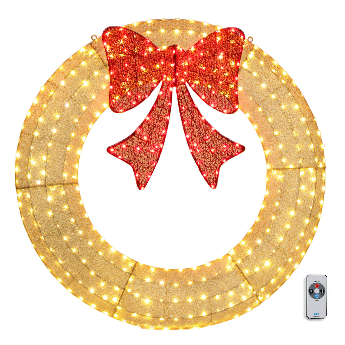 HAOYYE Gold Red 60in Pre-Lit Outdoor Christmas Wreath LED Metal Holiday Decoration with 400 Lights Bow for Home Garden Exterior Durable Weather Resistant Festive Décor Easy to Hang