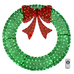 HAOYYE Green and Red 60in Outdoor Christmas Wreath Decoration Pre-Lit with 400 LED Lights, Durable Metal Frame, Festive Bow, Holiday Décor for Home Exterior Garden Porch Yard, Easy Setup, Weather-Resistant