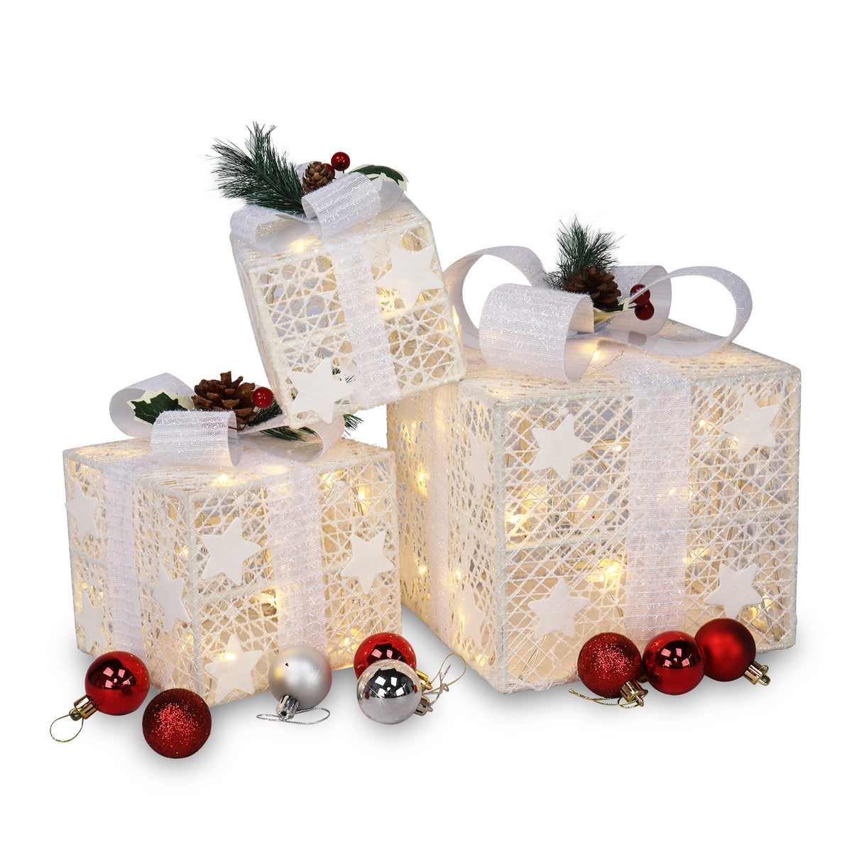 HAOYYE Multi-Color 3pcs Christmas Gift Box Set ABS Plastic Frame LED60 Lights Warm White Light Cotton Thread Powder Festive Decoration for Home Office Party Holiday Décor Battery Powered