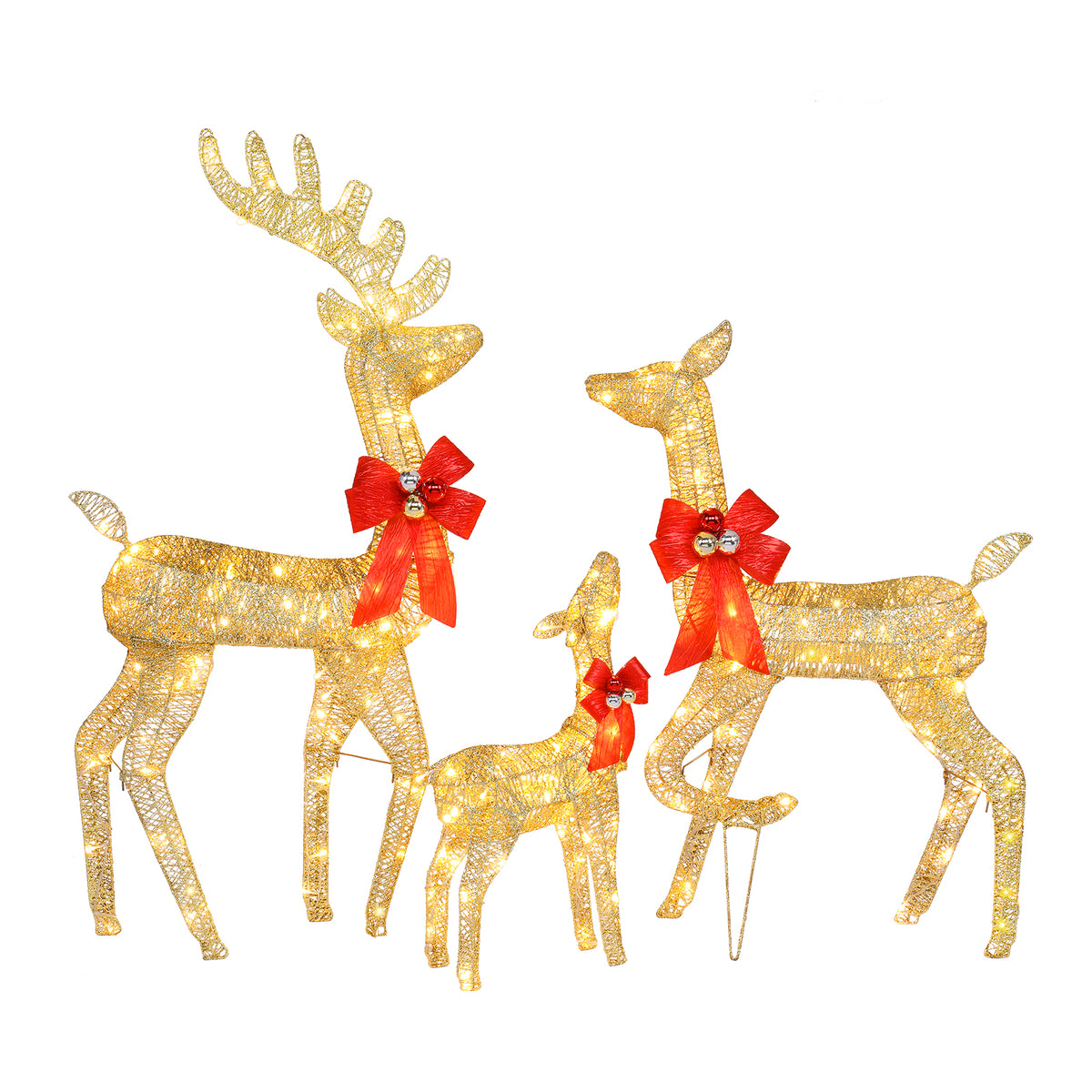 HAOYYE Golden 3-Piece Family Elk Decoration Set, Outdoor Courtyard Elk with Iron Frame, Cotton Thread, and Green Onion Powder Finish, Glowing LED Lights for Festive Holiday Yard, Patio, Garden, and Outdoor Décor, Durable and Reusable