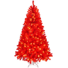 HAOYYE Red Artificial Christmas Tree with 1100 Branch Tips, 400 LED Lights, Pre-Lit Hinged Xmas Pine Tree with Remote Control for Holiday Home Office Party Decorations, Easy Setup, Durable Flame-Retardant PVC, Festive Centerpiece