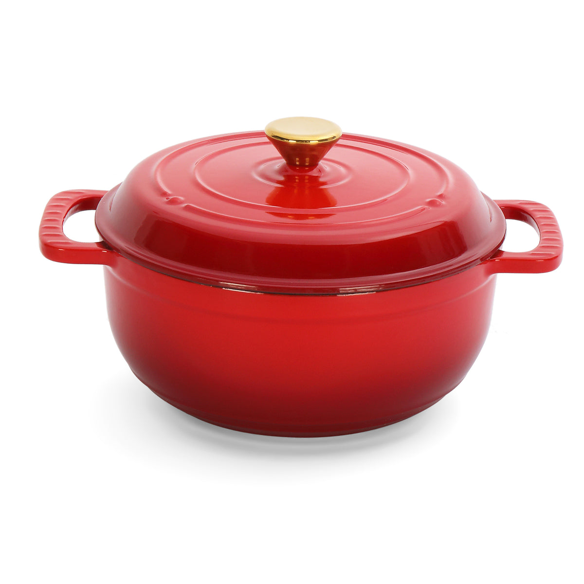 HAOYYE Cast Iron 5QT Cooking Pot Gradient Red Enamel Coating Includes Two Silicone Gloves Heavy Duty Durable Dutch Oven for Stovetop Oven and Outdoor Cooking Perfect for Stews Soups Casseroles and Everyday Meals