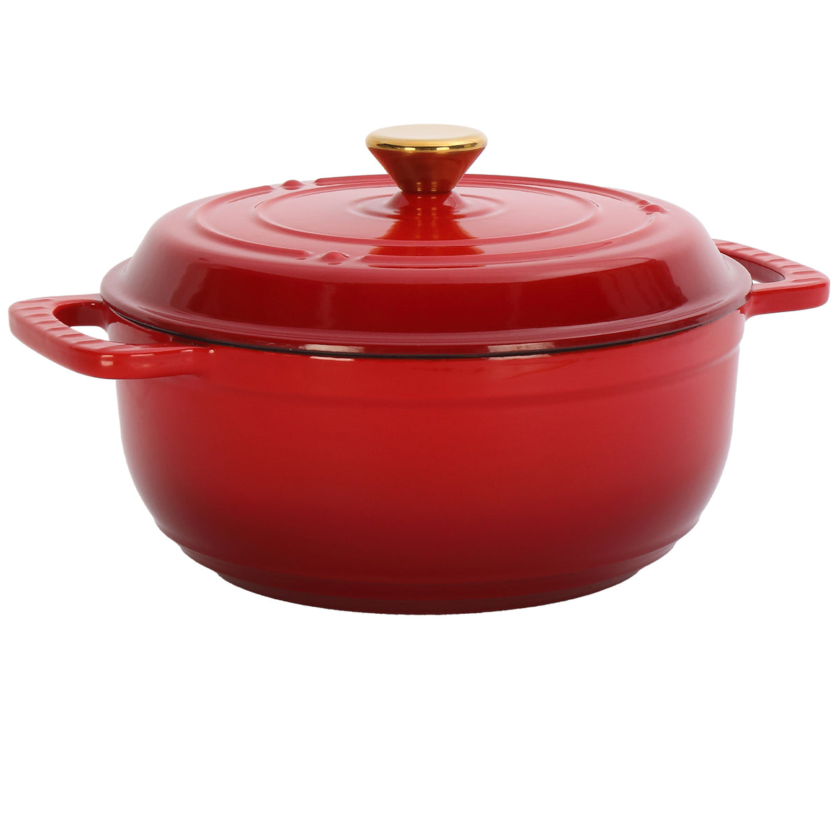 HAOYYE Cast Iron 7.5QT Cooking Pot Gradient Red Color with Enamel Coating Includes Two Silicone Gloves Heavy Duty Durable Multi-Purpose Dutch Oven for Stovetop Oven and Outdoor Cooking Perfect for Stews Soups and Casseroles