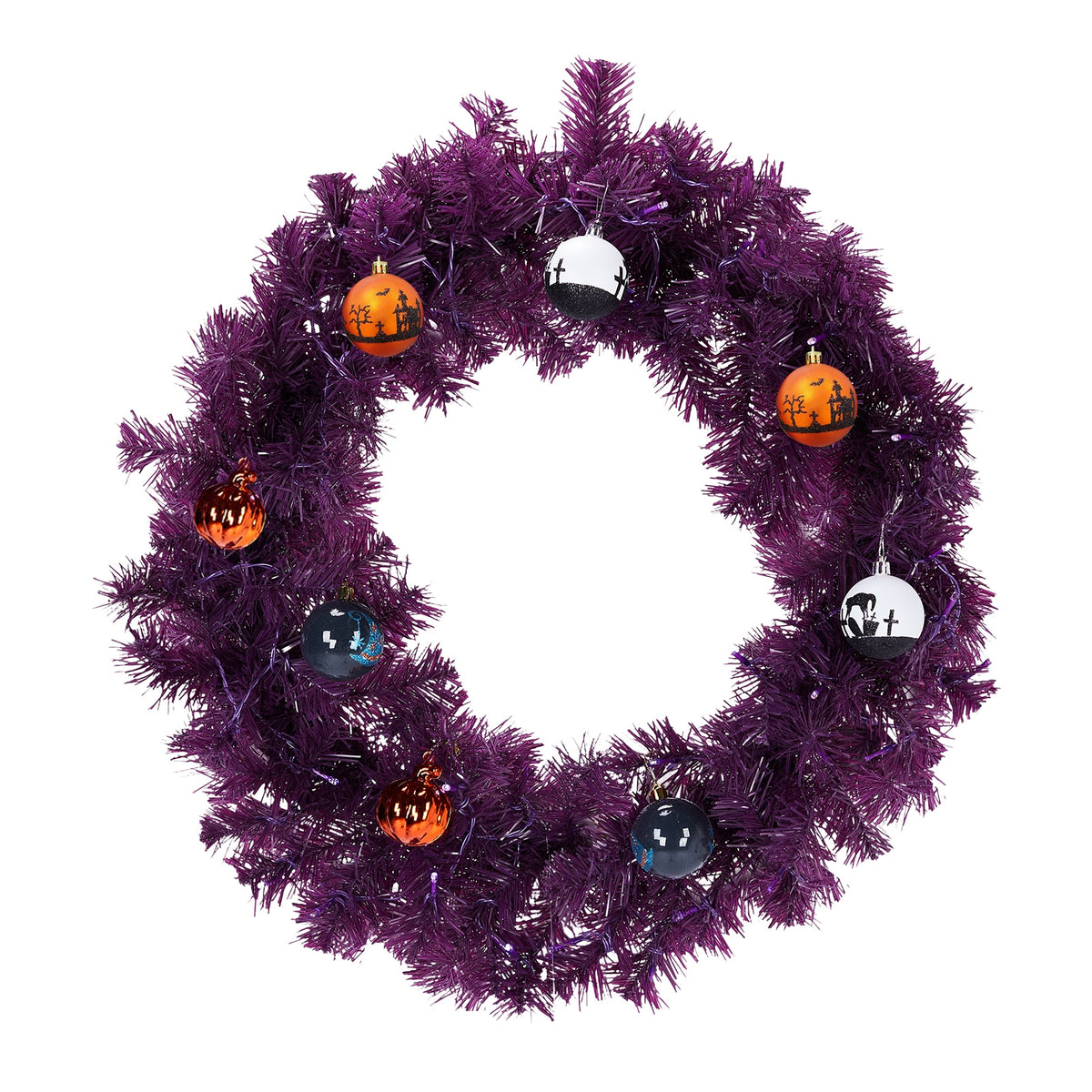 HAOYYE 24in Pre-Lit Halloween-Themed Christmas Wreath with 50 Purple and Orange LED Lights, 100 PVC Tips, and DIY Ball Ornaments, Lighted Artificial Xmas Wreath for Front Door, Gate, Wall, and Holiday Party Decorations