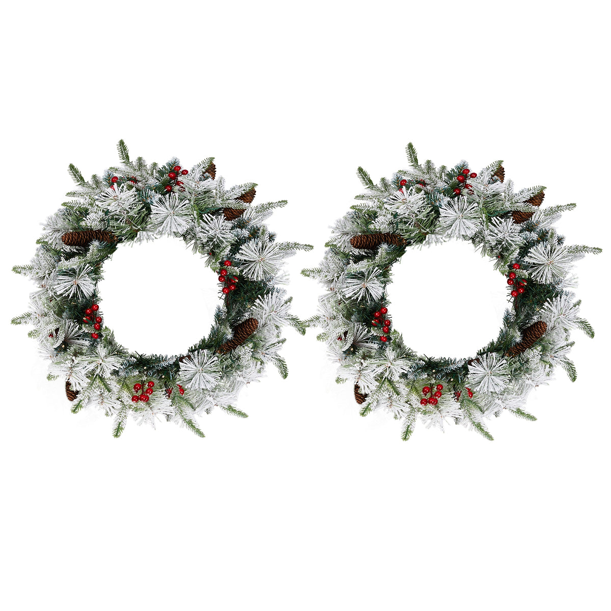 HAOYYE 2 Pack Pre-Lit Snow Flocked Christmas Wreaths Lighted Artificial Xmas Wreaths with Warm LED Lights Red Berries and Pine Cones for Front Door Gate Wall Holiday Party Decorations