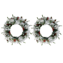 HAOYYE 2 Pack Pre-Lit Snow Flocked Christmas Wreaths Lighted Artificial Xmas Wreaths with Warm LED Lights Red Berries and Pine Cones for Front Door Gate Wall Holiday Party Decorations