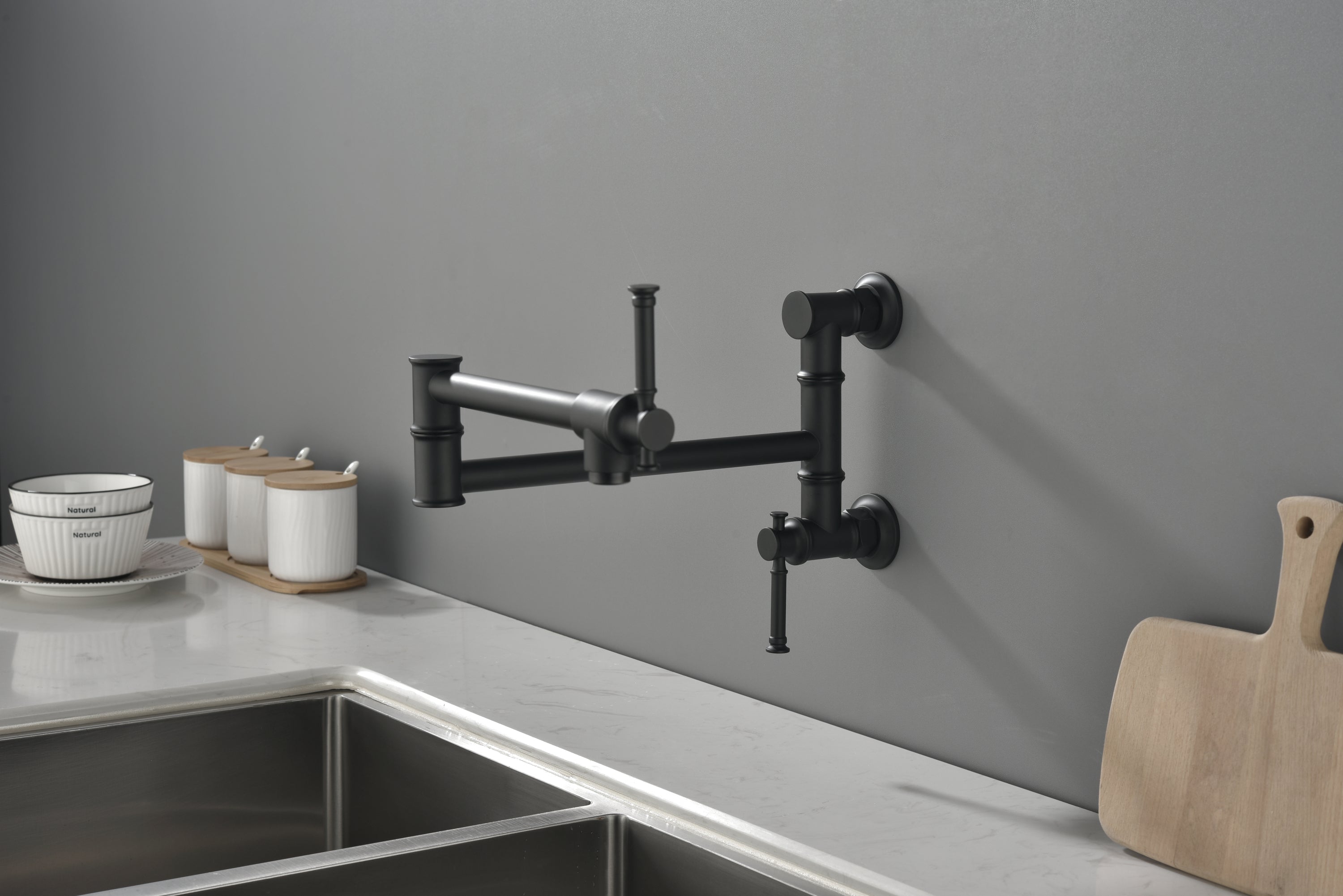 HAOYYE Pot Filler Faucet Wall Mount Pot Filler Faucet, Modern Brass Pot Filler Two-Attachment Wall Mount Folding Kitchen Pot Filler Swing Arm Sturdy Space-Saving Heavy Duty Modern Design Adults