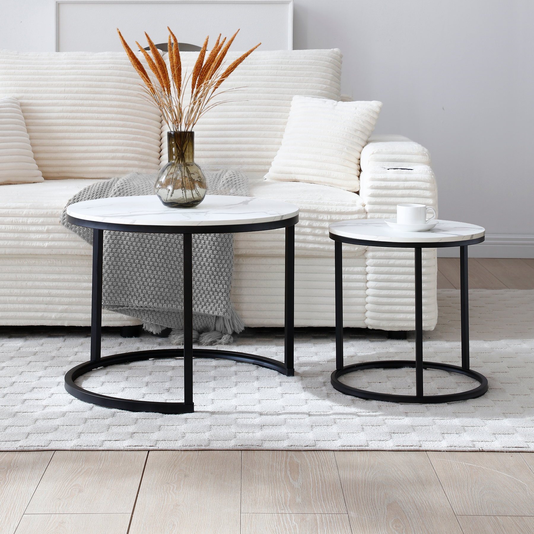 HAOYYE Set of 2 Round Nesting Coffee Tables with White and Gray Marble Pattern Tops and Black Metal Frame, Modern Industrial Accent Side Tables for Living Room Bedroom Apartment Office or Small Spaces