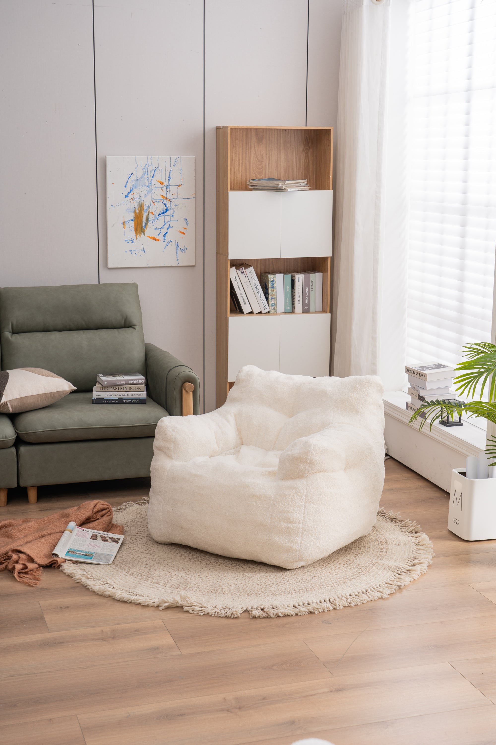 Haoyye Ivory Teddy Fabric Bean Bag Chair, Soft Tufted Foam Lounge Chair with Ergonomic Backrest, No Assembly Needed, Modern Floor Seating for Living Room, Bedroom or Lounge Area, Stylish Space-Saving Comfortable Accent Furniture