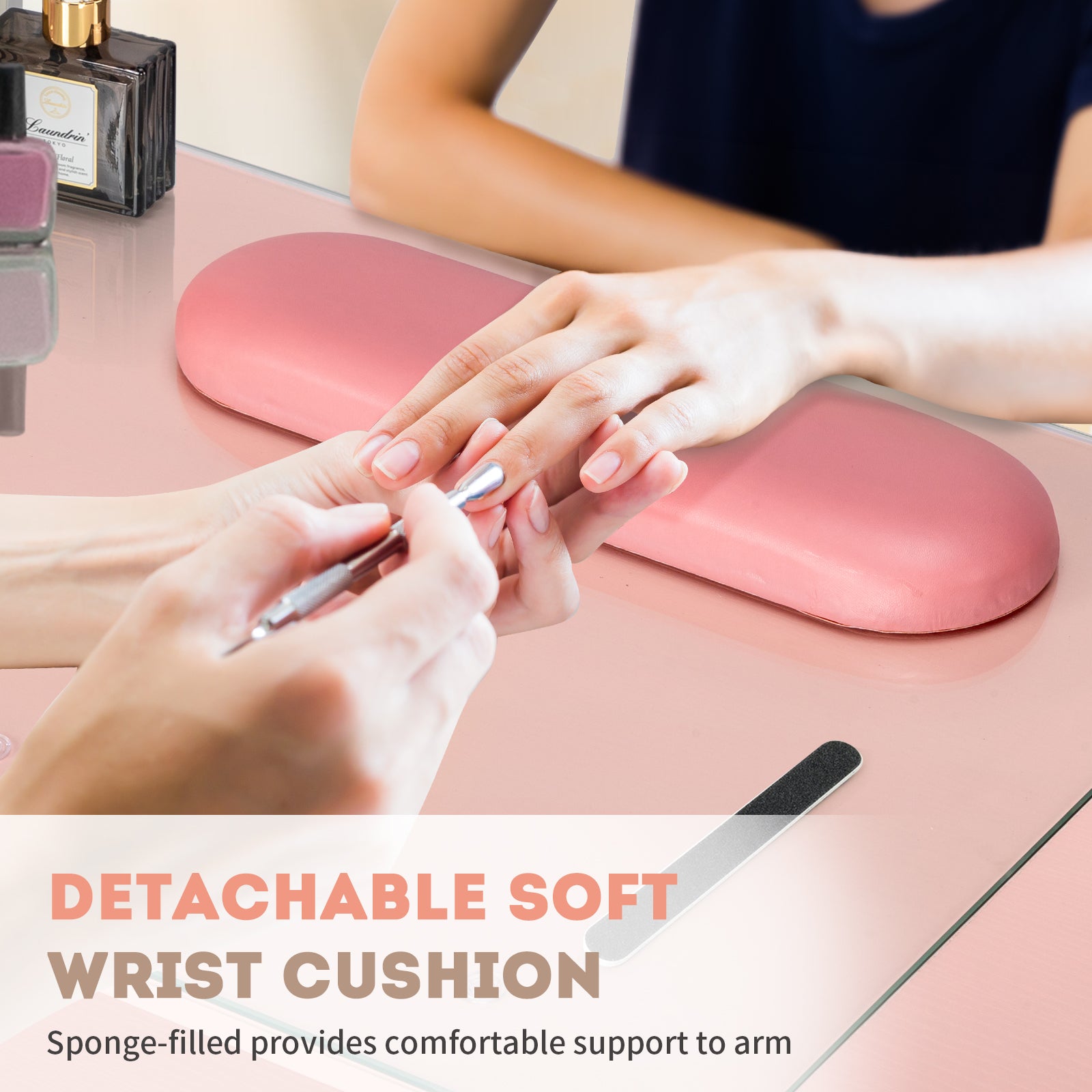 HAOYYE Pink Nail Table with Tempered Glass Top and Relief Particle Board Finish, Featuring Three Doors and Two Drawers, Fanless Quiet Design Perfect for Salon Manicure Station or Home Beauty Workspace
