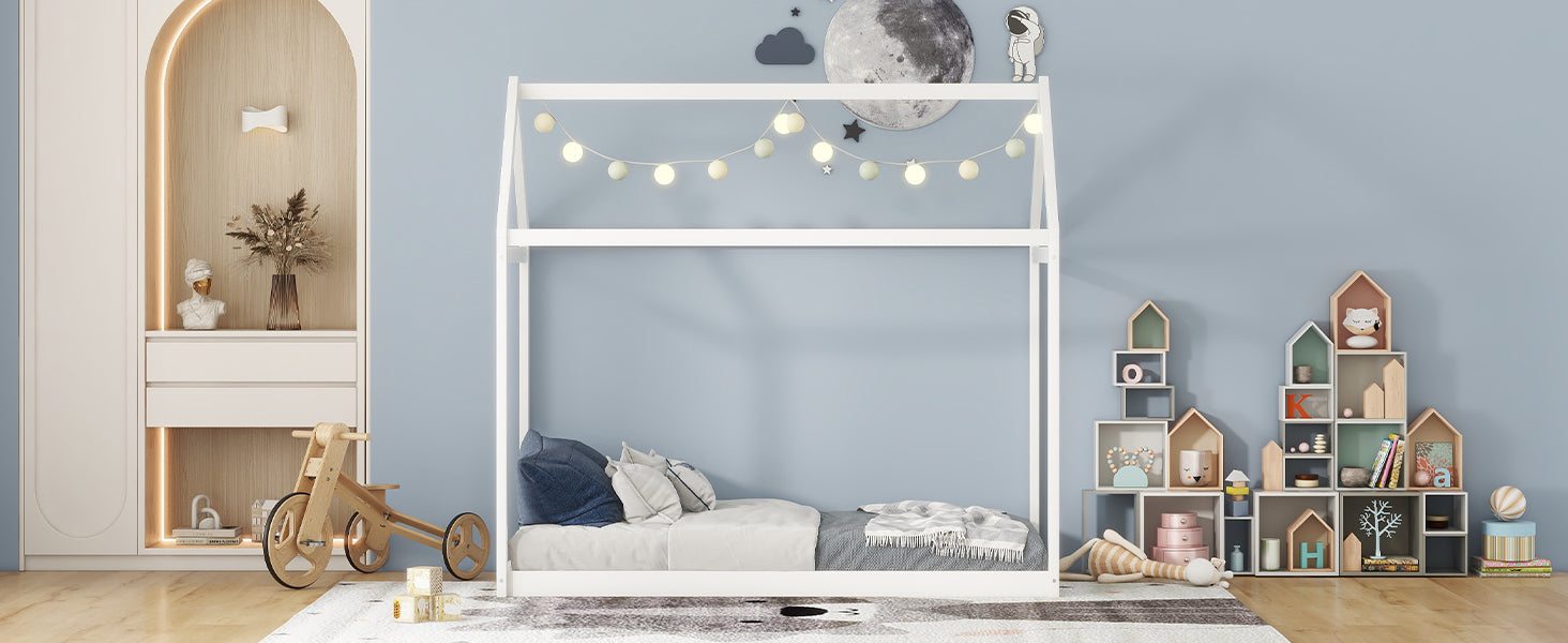 HAOYYE Twin Size Wooden House Bed, White Sturdy Space-Saving Heavy Duty Modern Design Adults Dorm Room Easy Assembly Bedroom Furniture