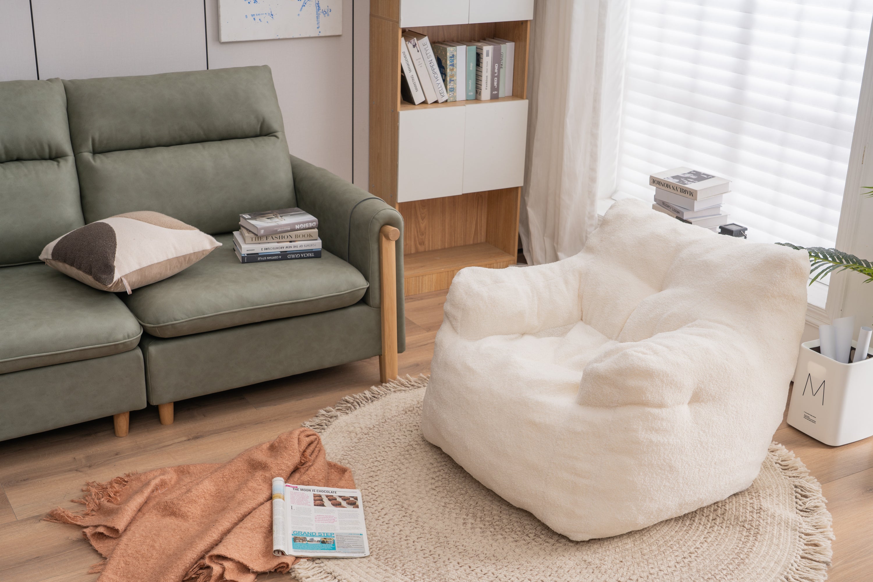 Haoyye Ivory Teddy Fabric Bean Bag Chair, Soft Tufted Foam Lounge Chair with Ergonomic Backrest, No Assembly Needed, Modern Floor Seating for Living Room, Bedroom or Lounge Area, Stylish Space-Saving Comfortable Accent Furniture