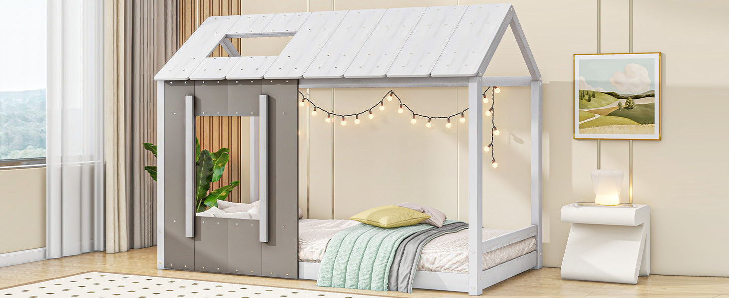 HAOYYE Twin Size House Platform with Roof and Window, White+Antique Grey(Old SKU: WF294130AAE) Sturdy Space-Saving Heavy Duty Modern Design Adults Dorm Room Easy Assembly Bedroom Furniture