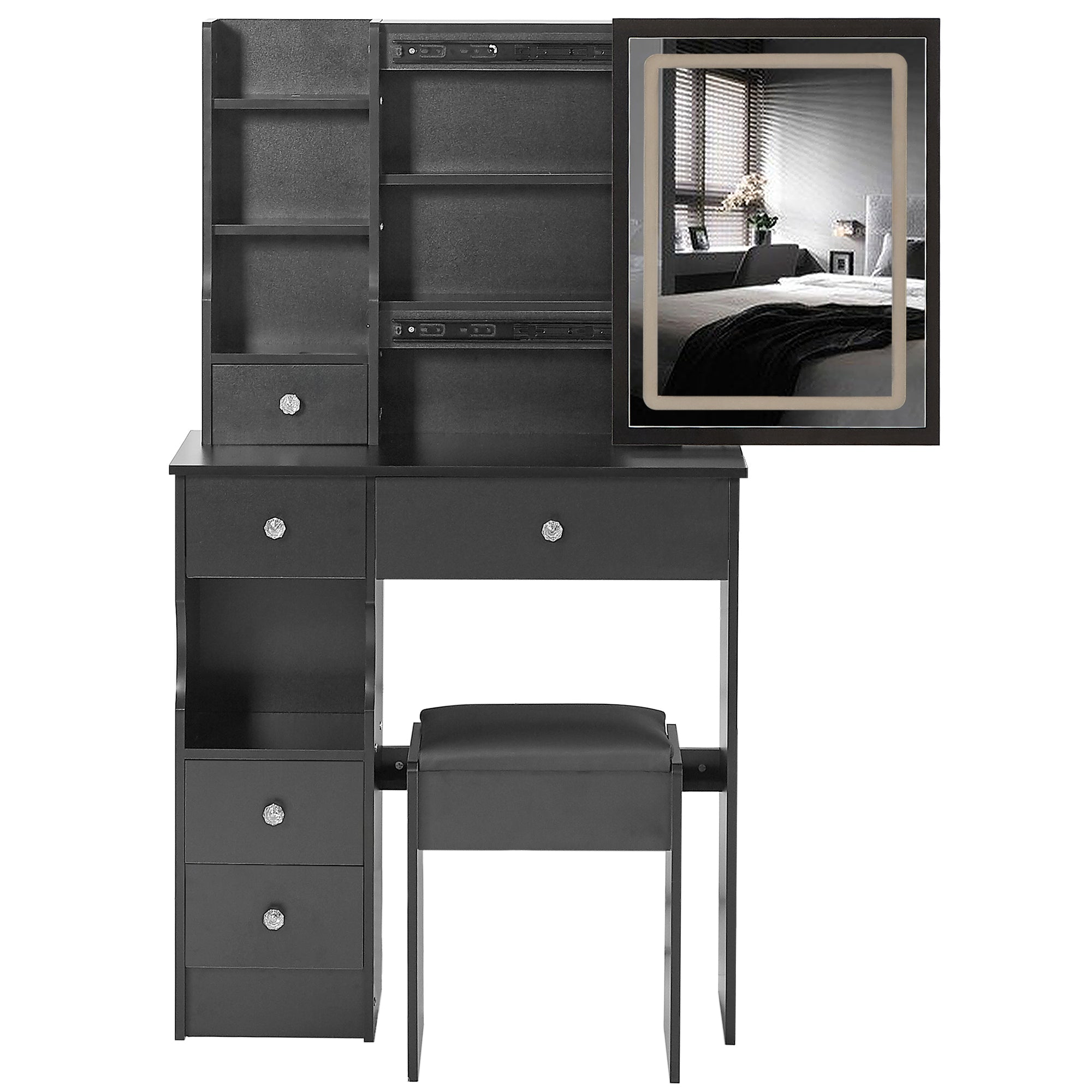 HAOYYE Small Size Left Drawer Desktop Vanity Table + Cushioned Stool, Touch Control Sliding LED Mirror, Tri-color Switching, Brightness Adjust, Multi Layer, Suitable for Small Space, EPA,GCC,UL Certificate
