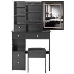 HAOYYE Small Size Left Drawer Desktop Vanity Table + Cushioned Stool, Touch Control Sliding LED Mirror, Tri-color Switching, Brightness Adjust, Multi Layer, Suitable for Small Space, EPA,GCC,UL Certificate