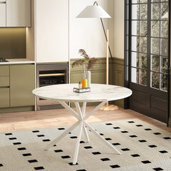 HAOYYE White Marble Top Round Dining Table With Cross-Leg Design, Removable Two-Piece Top, Matte Finish Iron Legs, Modern Sturdy Space-Saving Heavy Duty Construction, Ideal For Adults’ Dining Rooms And Small Spaces