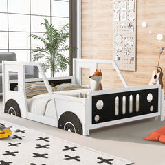 HAOYYE Full Size Classic Car-Shaped Platform Bed with Wheels,White Sturdy Space-Saving Heavy Duty Modern Design Adults Dorm Room Easy Assembly Bedroom Furniture