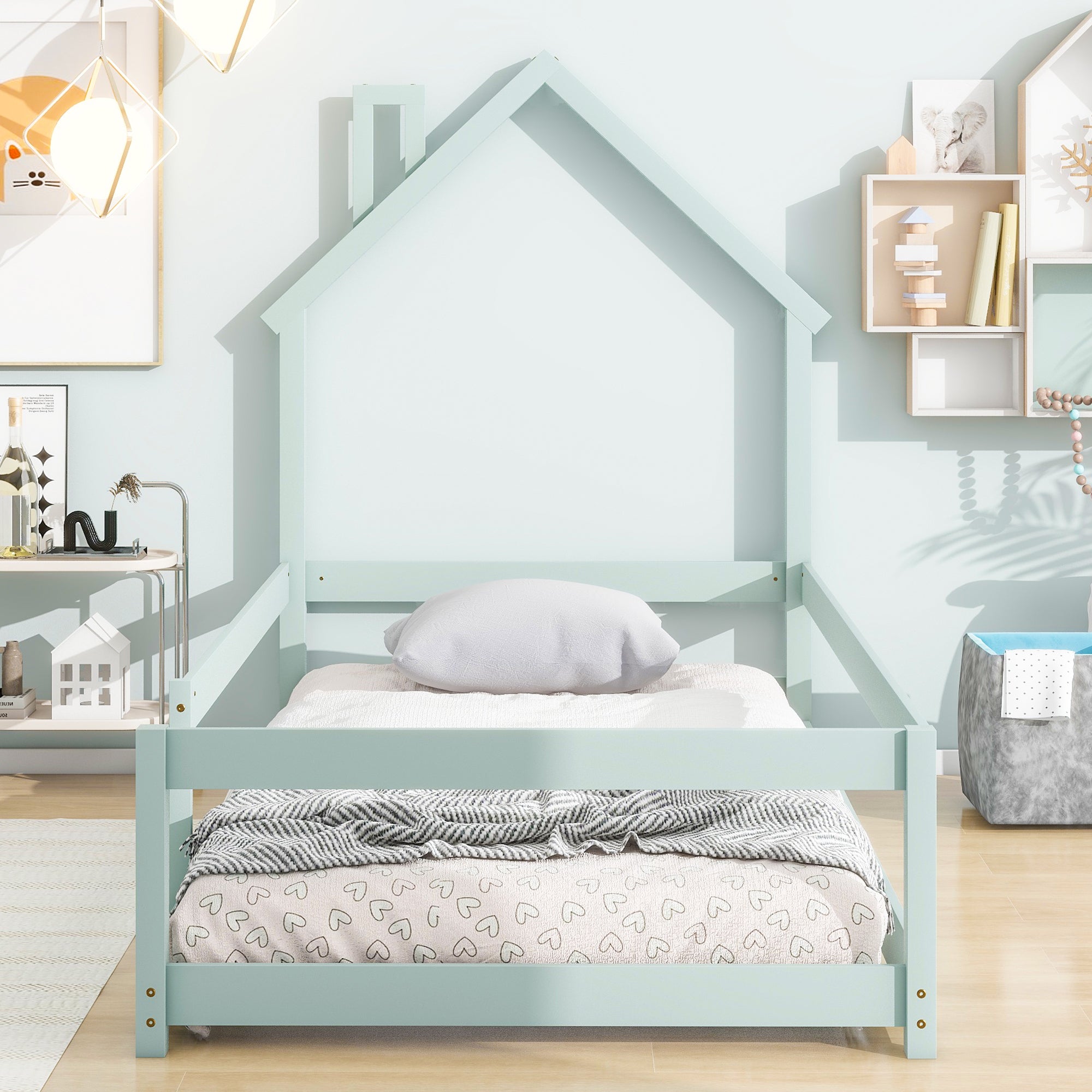 HAOYYE Twin Size Wood Bed with House-Shaped Headboard, Floor Bed with Fences,Sturdy Space-Saving Heavy Duty Modern Design, Easy Assembly for Bedroom or Dorm Room