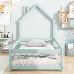 HAOYYE Twin Size Wood Bed with House-Shaped Headboard, Floor Bed with Fences,Sturdy Space-Saving Heavy Duty Modern Design, Easy Assembly for Bedroom or Dorm Room
