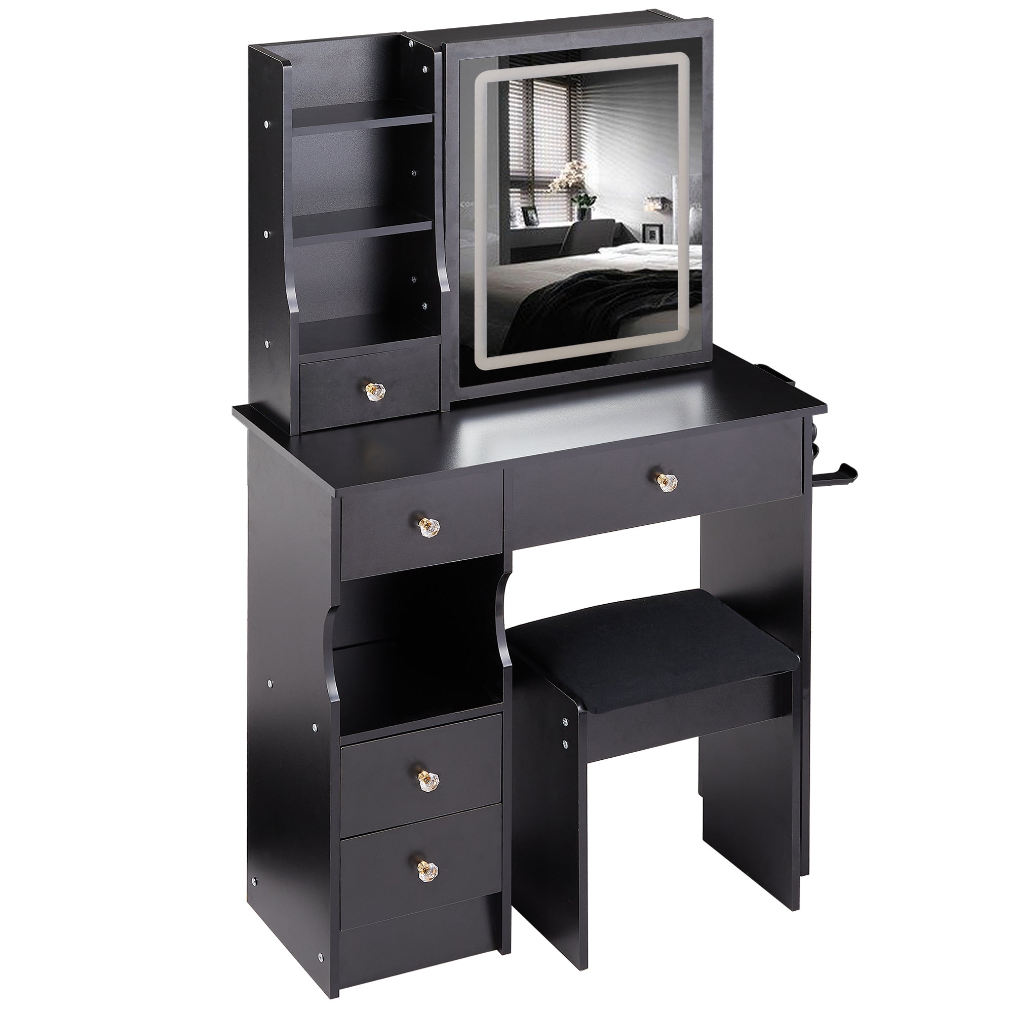 HAOYYE Small Size Left Drawer Desktop Vanity Table + Cushioned Stool, 2 AC+2 USB Power Station, Hair dryer bracket, Extra Large Touch Control Sliding LED Mirror, Tri-color Switching, EPA,GCC,UL Certificate