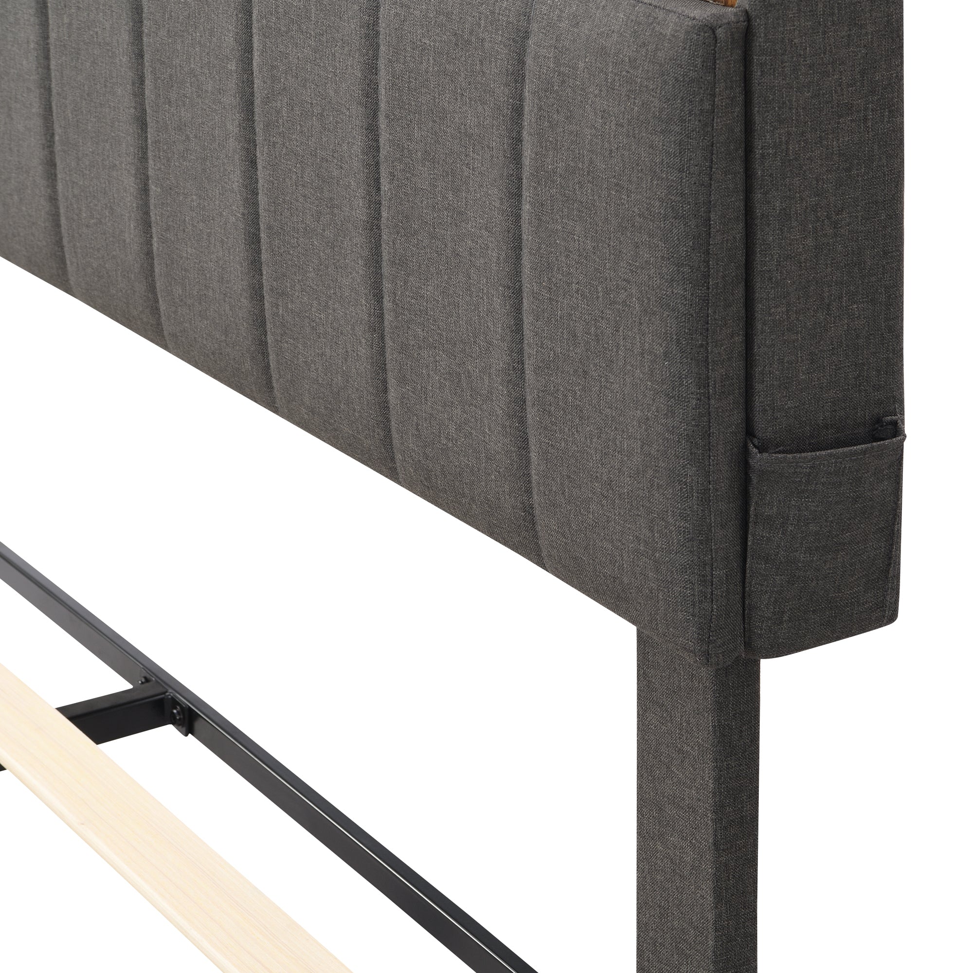 HAOYYE Full size Upholstered Platform Bed with Storage Headboard and USB Port, Linen Fabric Upholstered Bed (Gray) Sturdy Space-Saving Heavy Duty Modern Design Easy Assembly Durable Stylish Home Furniture