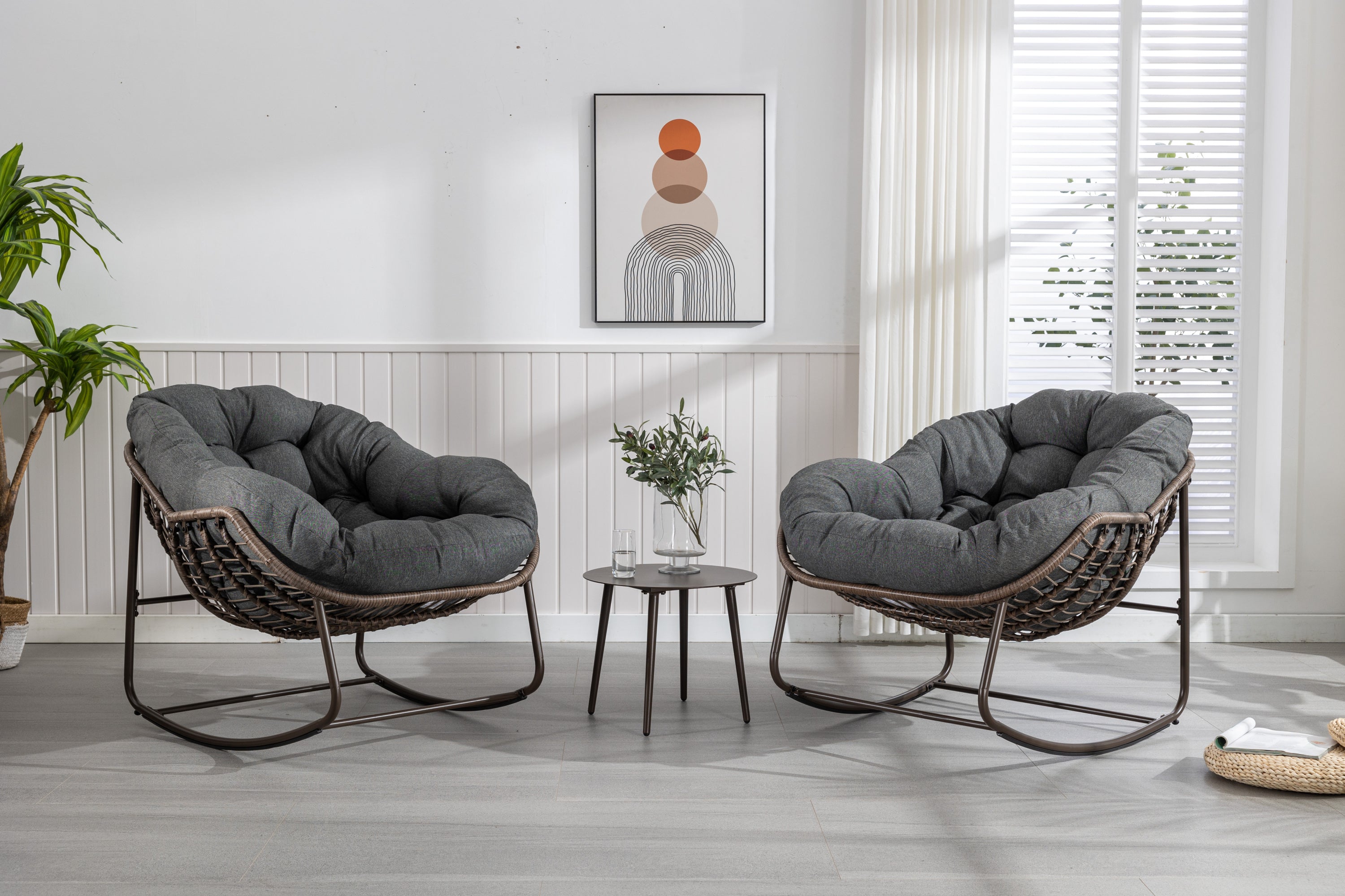 HAOYYE Outdoor Rattan Rocking Chair,Padded Cushion Rocker Recliner Chair Outdoor for Front Porch, Living Room, Patio, Garden, Grey Sturdy Space-Saving Heavy Duty Modern Design Adults Dorm Room