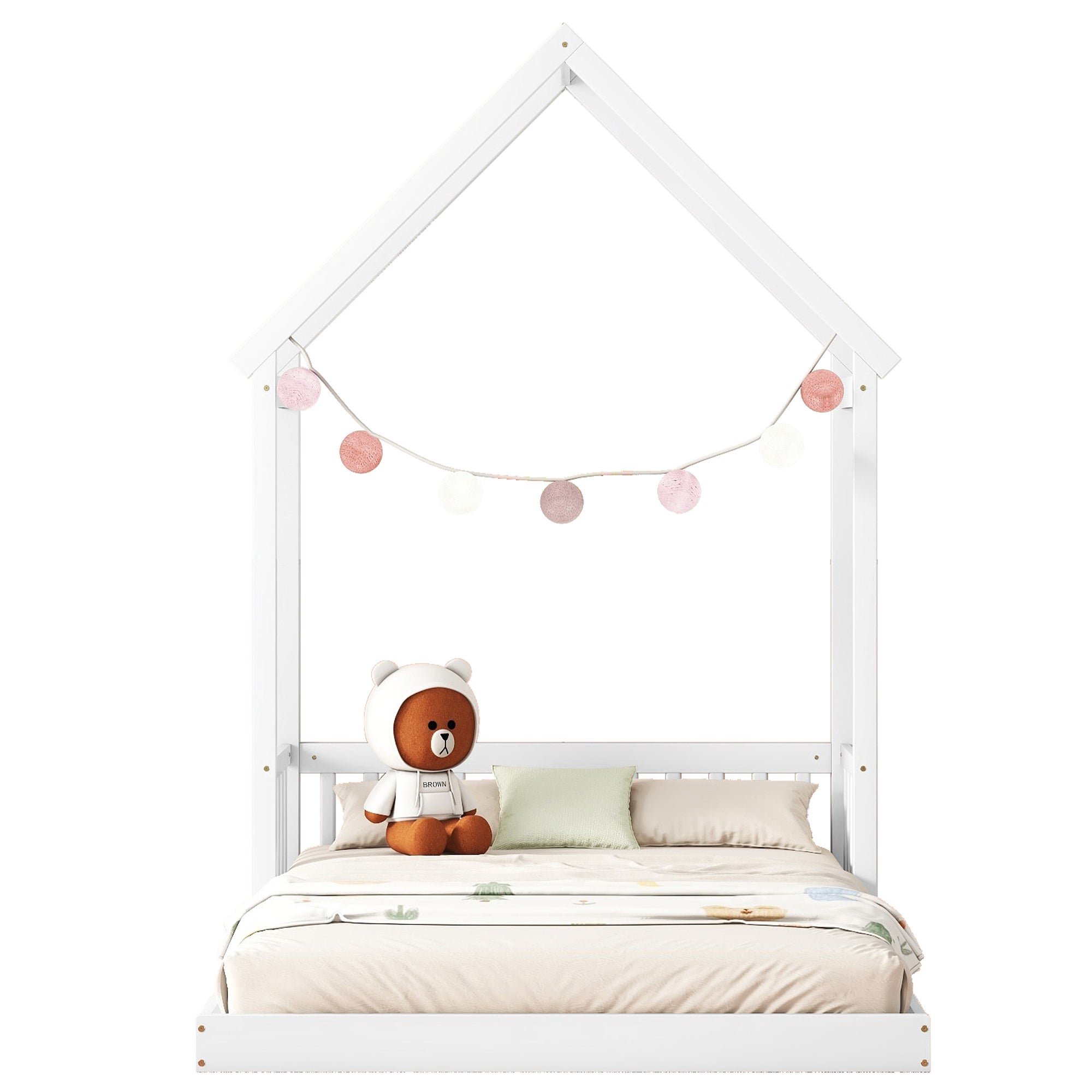 HAOYYE Full Roof-framed Headboard Floor Bed with Headboard Guardrails, without Slats White Sturdy Space-Saving Heavy Duty Modern Design Adults Dorm Room Easy Assembly Bedroom Furniture