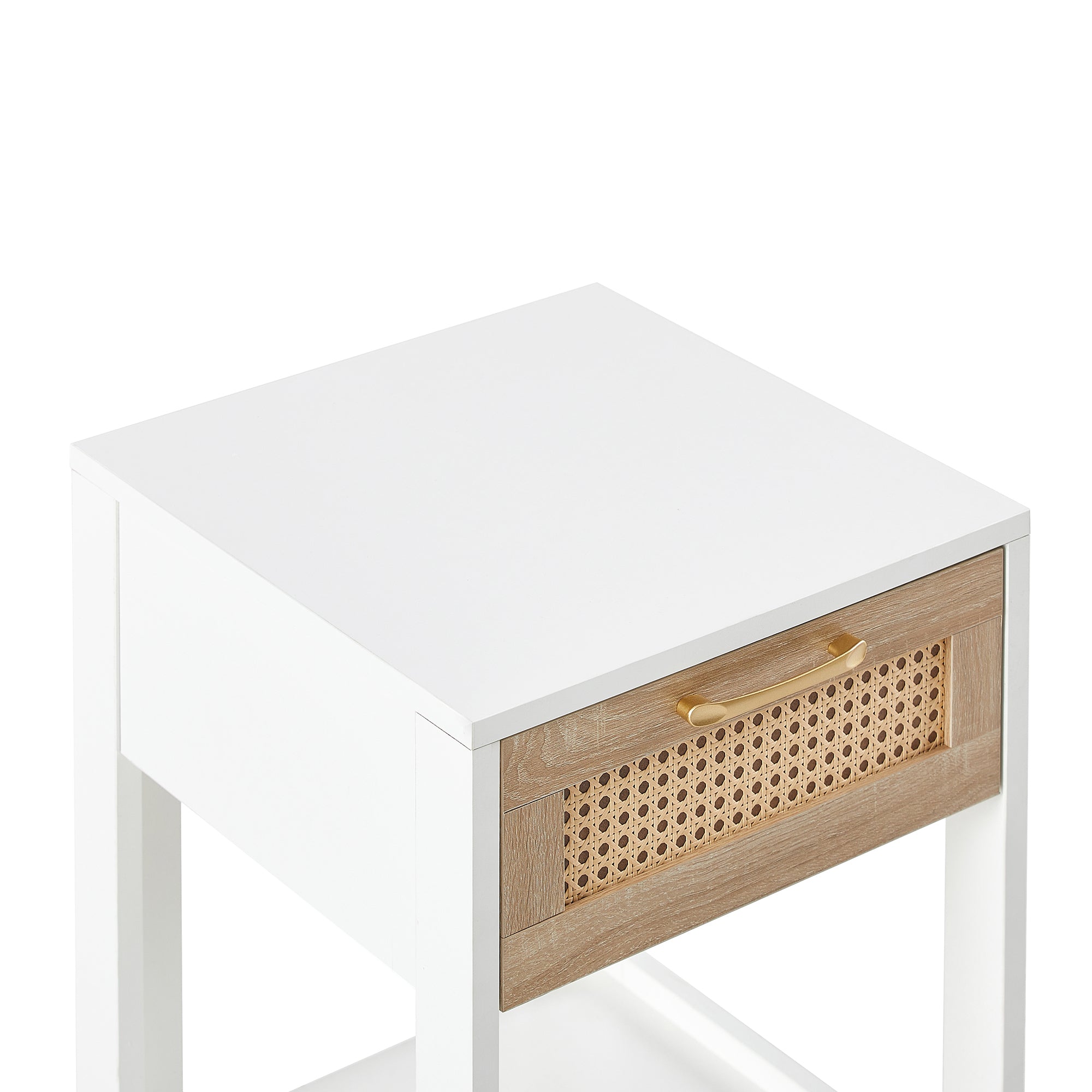 HAOYYE Rattan Side Table with Drawer, Modern White End Table, Sturdy Space-Saving Design, Heavy Duty Construction, Easy Assembly, Stylish and Durable Home Furniture for Living Room or Bedroom