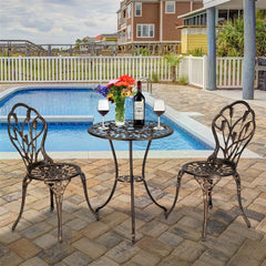 HAOYYE European Style Cast Aluminum Outdoor 3-Piece Tulip Bistro Set, Bronze, Elegant Table and Chairs for Patio, Garden, Porch, or Balcony, Durable and Lightweight, Perfect for Outdoor Dining and Relaxation