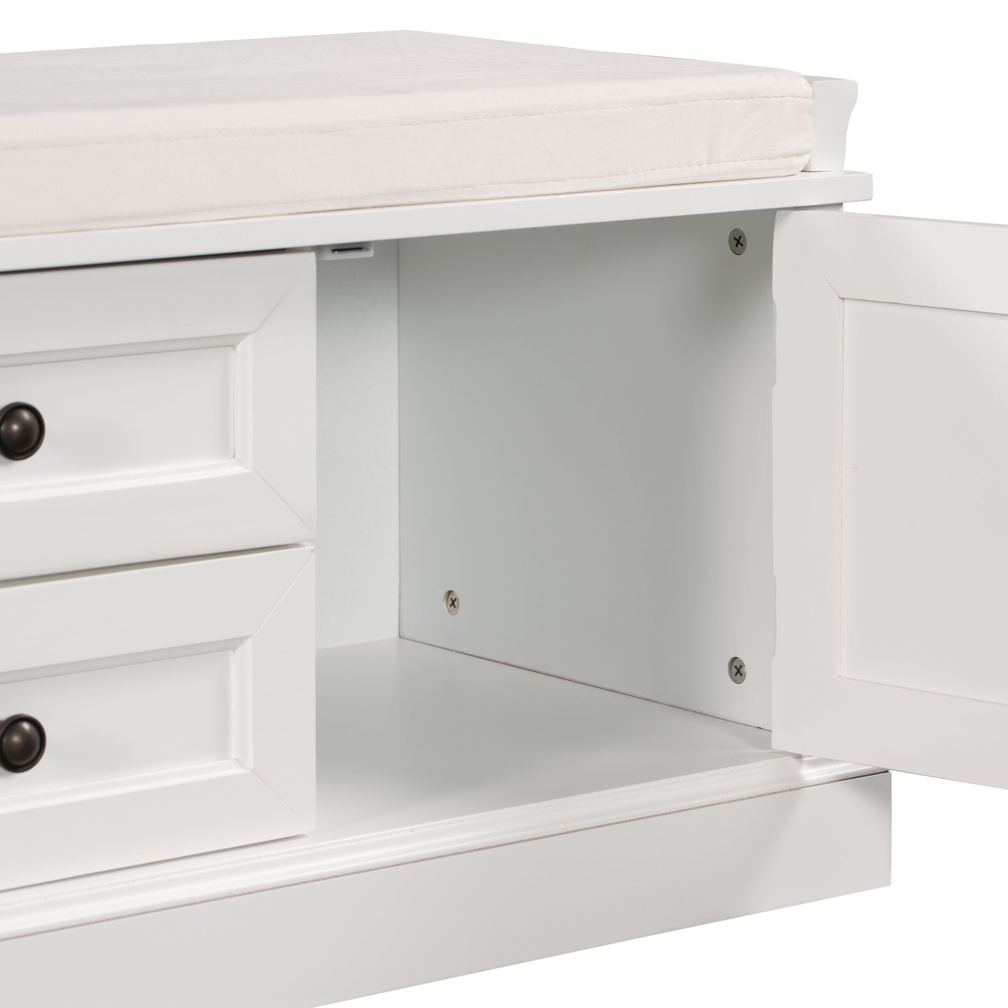 HAOYYE Storage Bench with 2 Drawers and Cabinets, Shoe Bench with Removable Cushion for Living Room, Entryway, Sturdy Space-Saving Heavy Duty Modern Design, White, Easy Assembly for Adults and Dorm Rooms