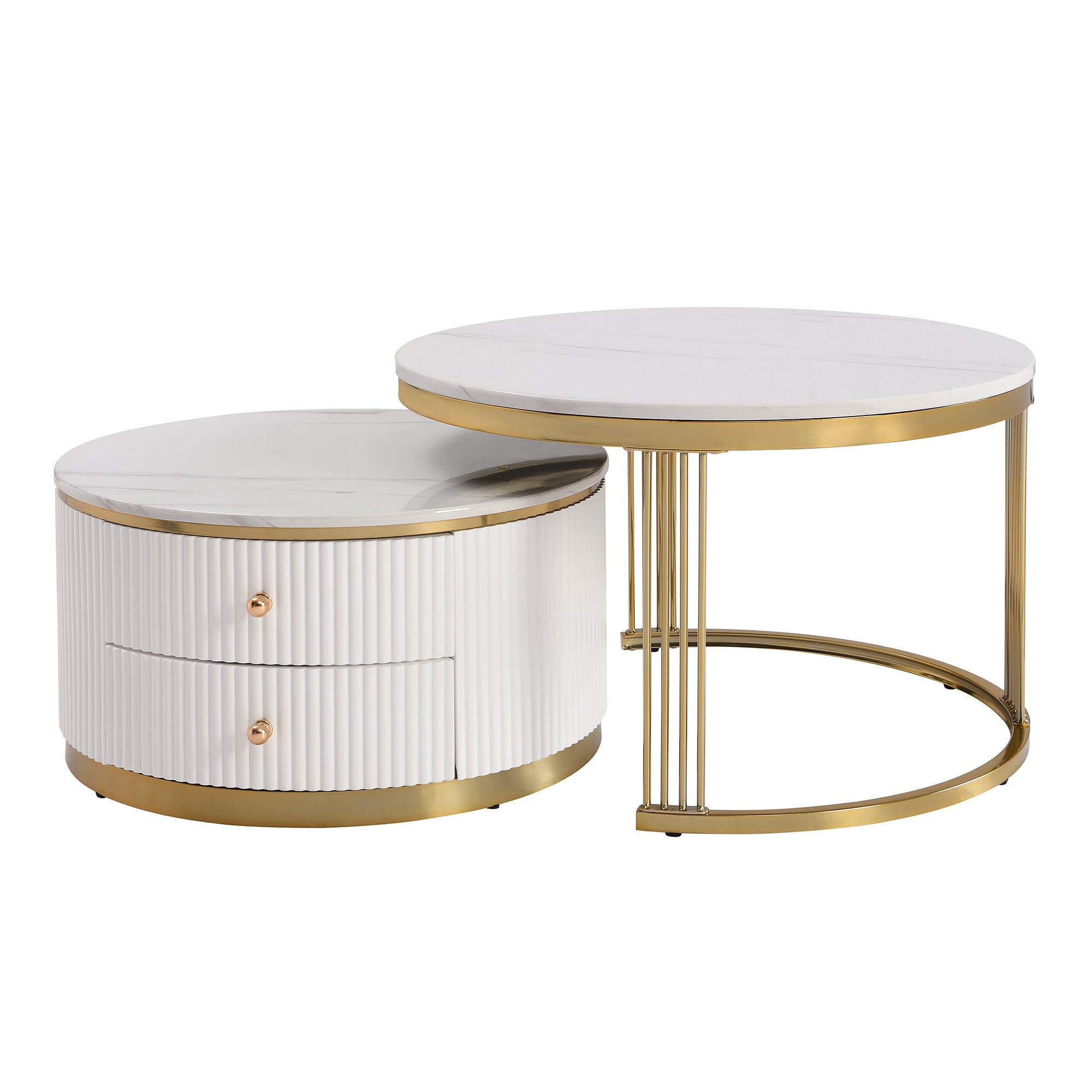HAOYYE Modern 2-Piece White Round Nesting Coffee Table with Drawers, Sturdy and Space-Saving Design, Heavy Duty Construction, Ideal for Living Room, Bedroom, and Dorm Rooms, Easy Assembly for Adults