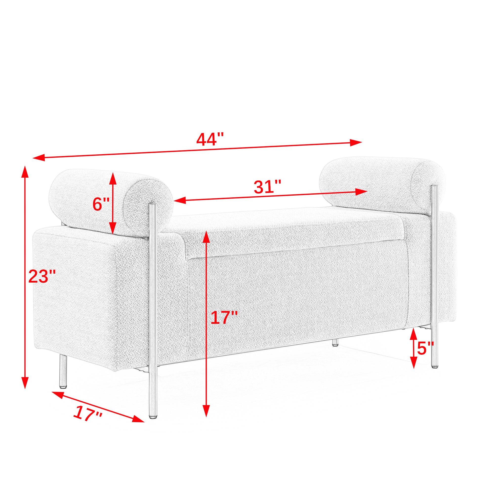 HAOYYE Elegant Upholstered Linen Storage Bench with Cylindrical Arms and Iron Legs for Hallway Living Room Bedroom, White Sturdy Space-Saving Heavy Duty Modern Design Adults Dorm Room Easy Assembly