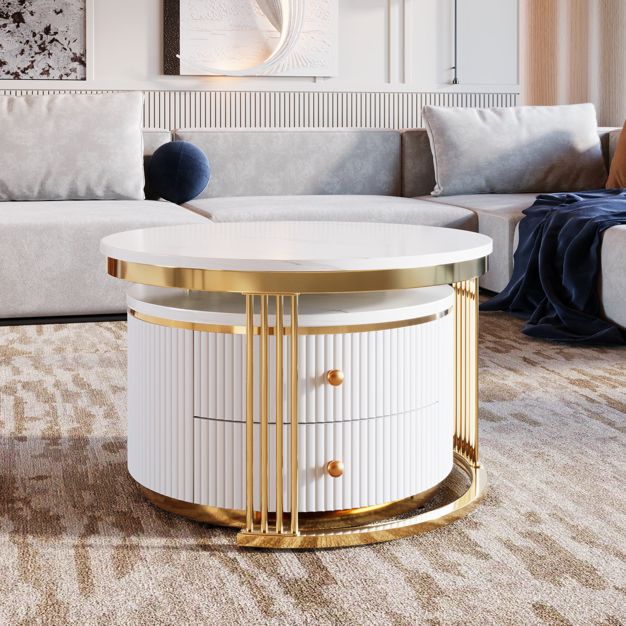 HAOYYE Modern 2-Piece White Round Nesting Coffee Table with Drawers, Sturdy and Space-Saving Design, Heavy Duty Construction, Ideal for Living Room, Bedroom, and Dorm Rooms, Easy Assembly for Adults
