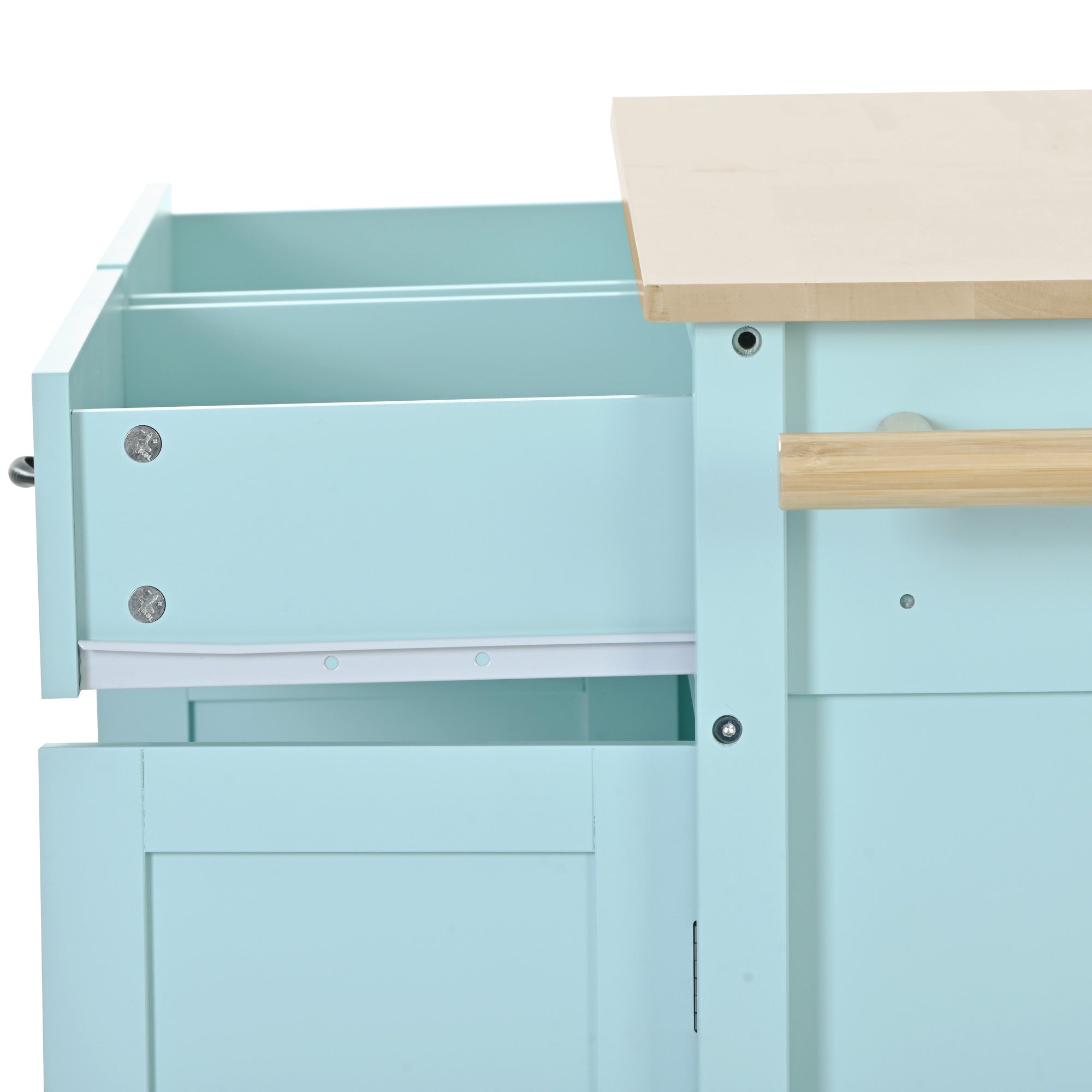 HAOYYE Kitchen Island Cart, Mint Green, with Solid Wood Top, 4-Door Cabinet, 2 Drawers, Adjustable Shelves, Spice Rack, Towel Bar, and 2 Locking Wheels. Modern, Space-Saving, Sturdy Heavy Duty Design for Easy Assembly and Versatile Use