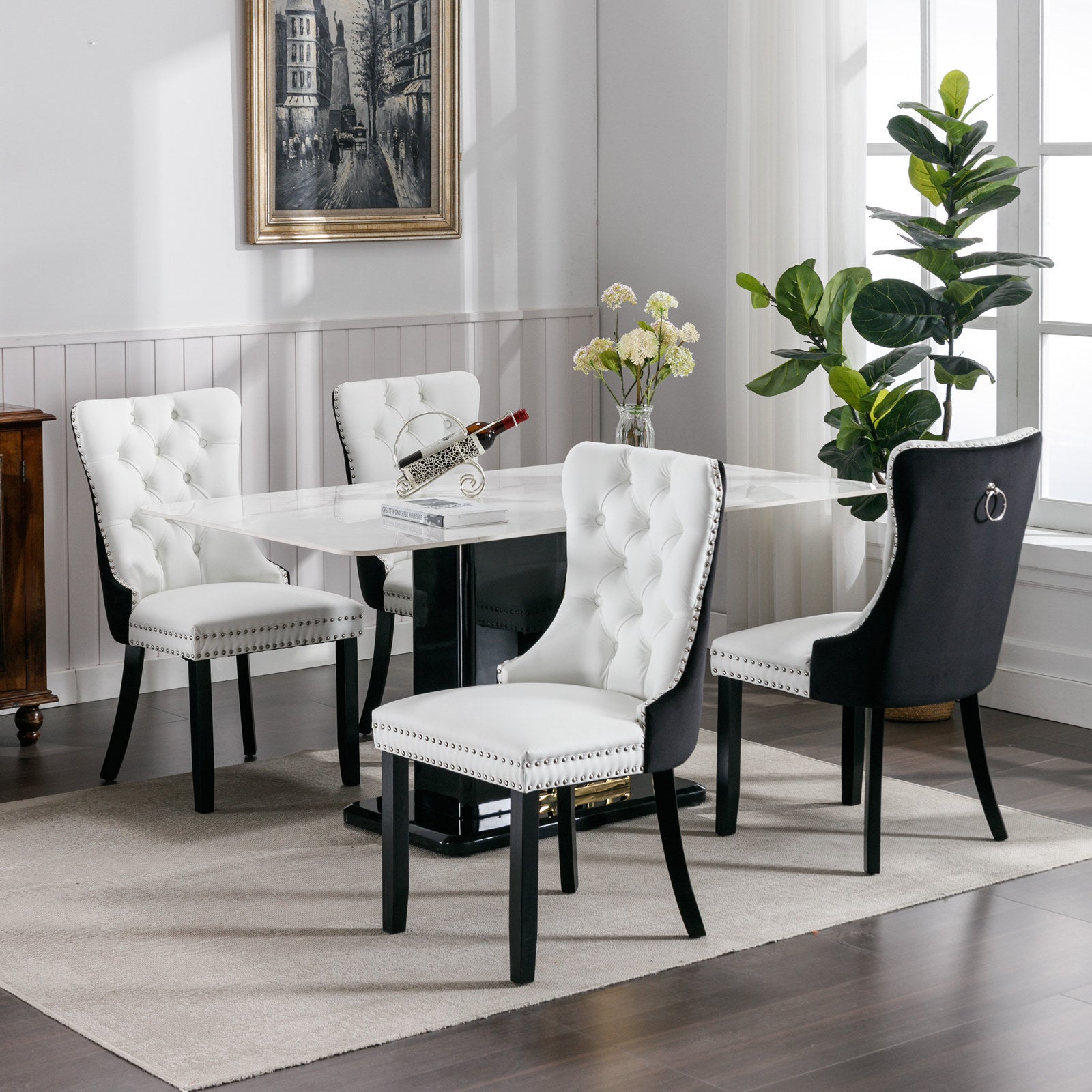 HAOYYE Nikki Collection Modern,High-end Tufted Solid Wood Contemporary PU and Velvet Upholstered Dining Chair with Wood Legs Nailhead Trim 2 Pcs Set,White+Black, SW2101WB Sturdy Space-Saving
