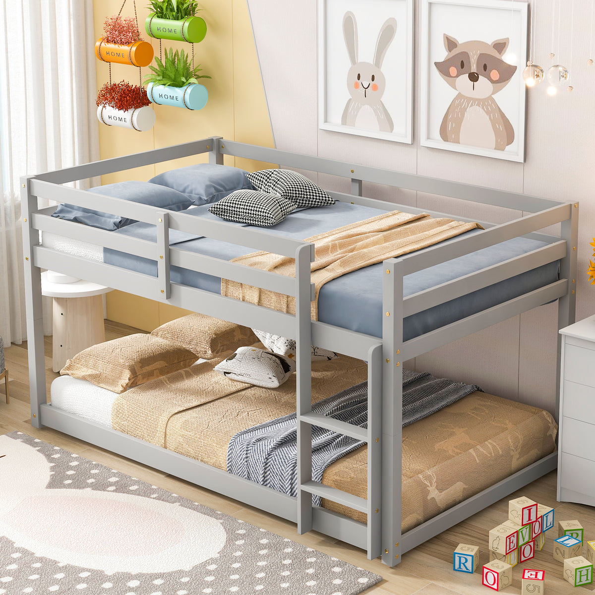 HAOYYE Twin over Twin Floor Bunk Bed,Grey(Old SKU:W50437208) Sturdy Space-Saving Heavy Duty Modern Design Adults Dorm Room Easy Assembly Bedroom Furniture