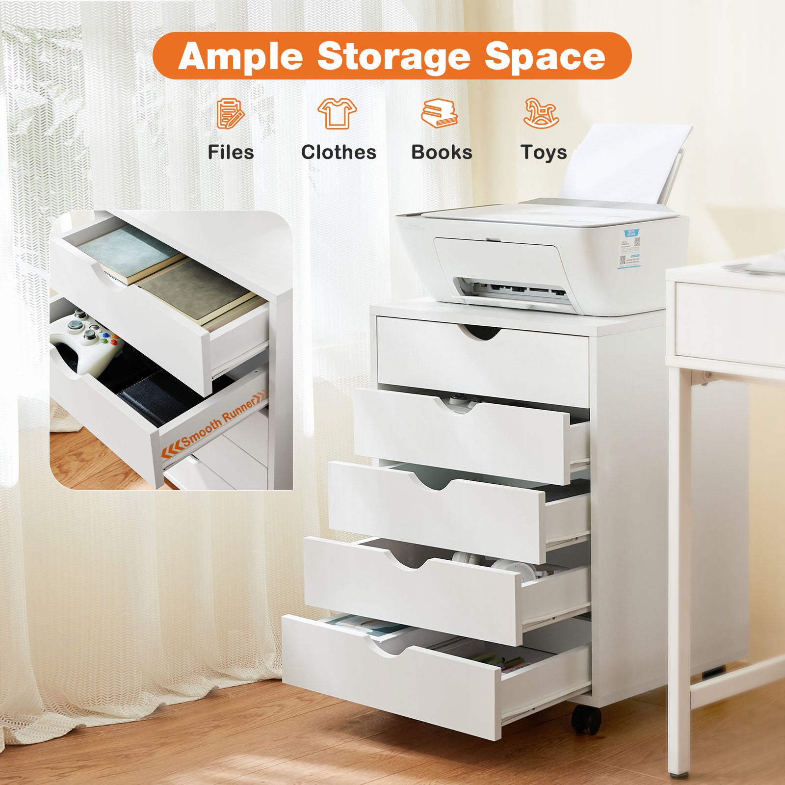 HAOYYE 5-Drawer Mobile Storage Cabinet, Sturdy Wooden Organizer Chest with Wheels, Modern Space-Saving Design, Heavy Duty Construction, Ideal for Office or Dorm Room Furniture