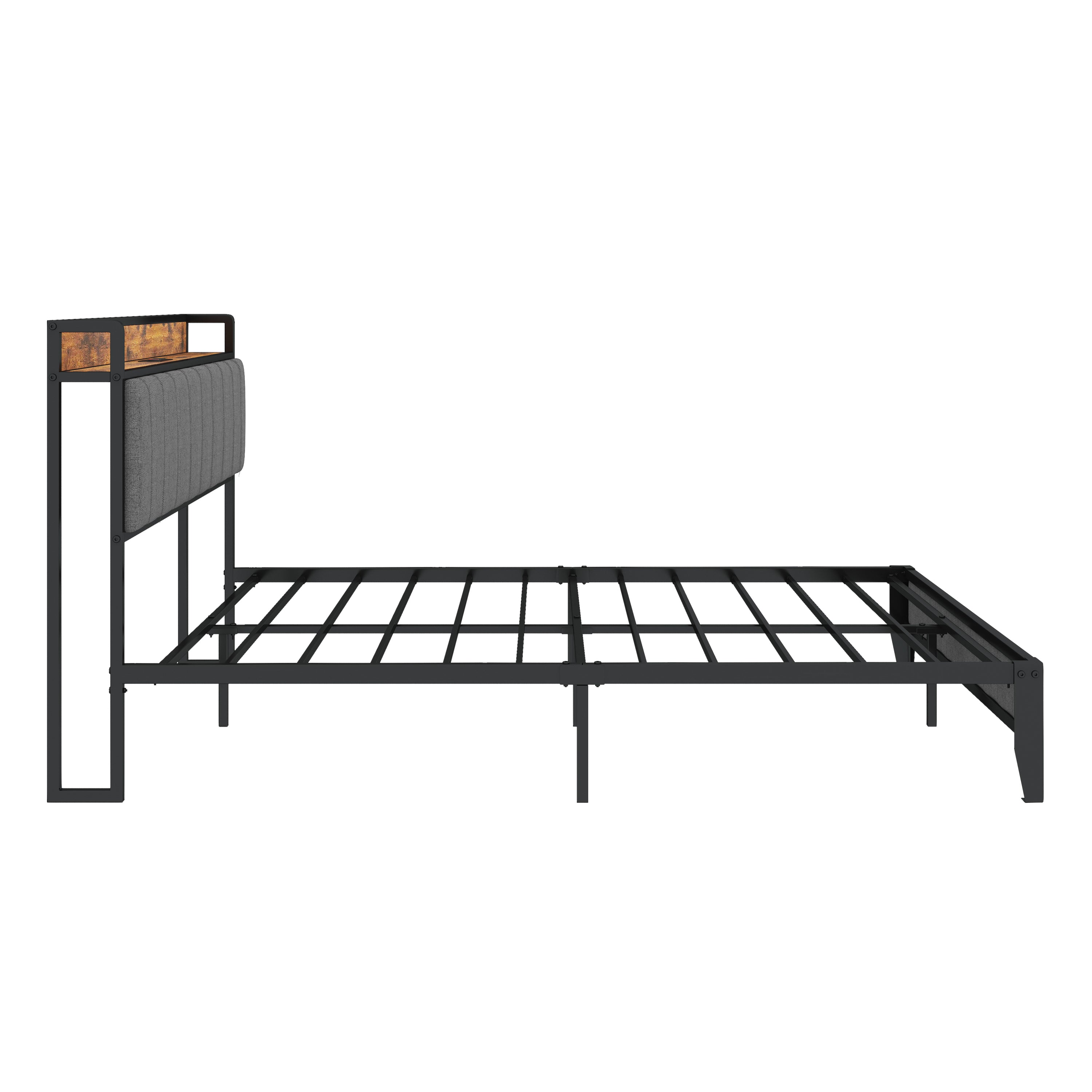 HAOYYE Queen Size Bed Frame with Charging Station, Upholstered Headboard, Metal Platform, Grey Sturdy Space-Saving Heavy Duty Modern Design Adults Dorm Room Easy Assembly Bedroom Furniture