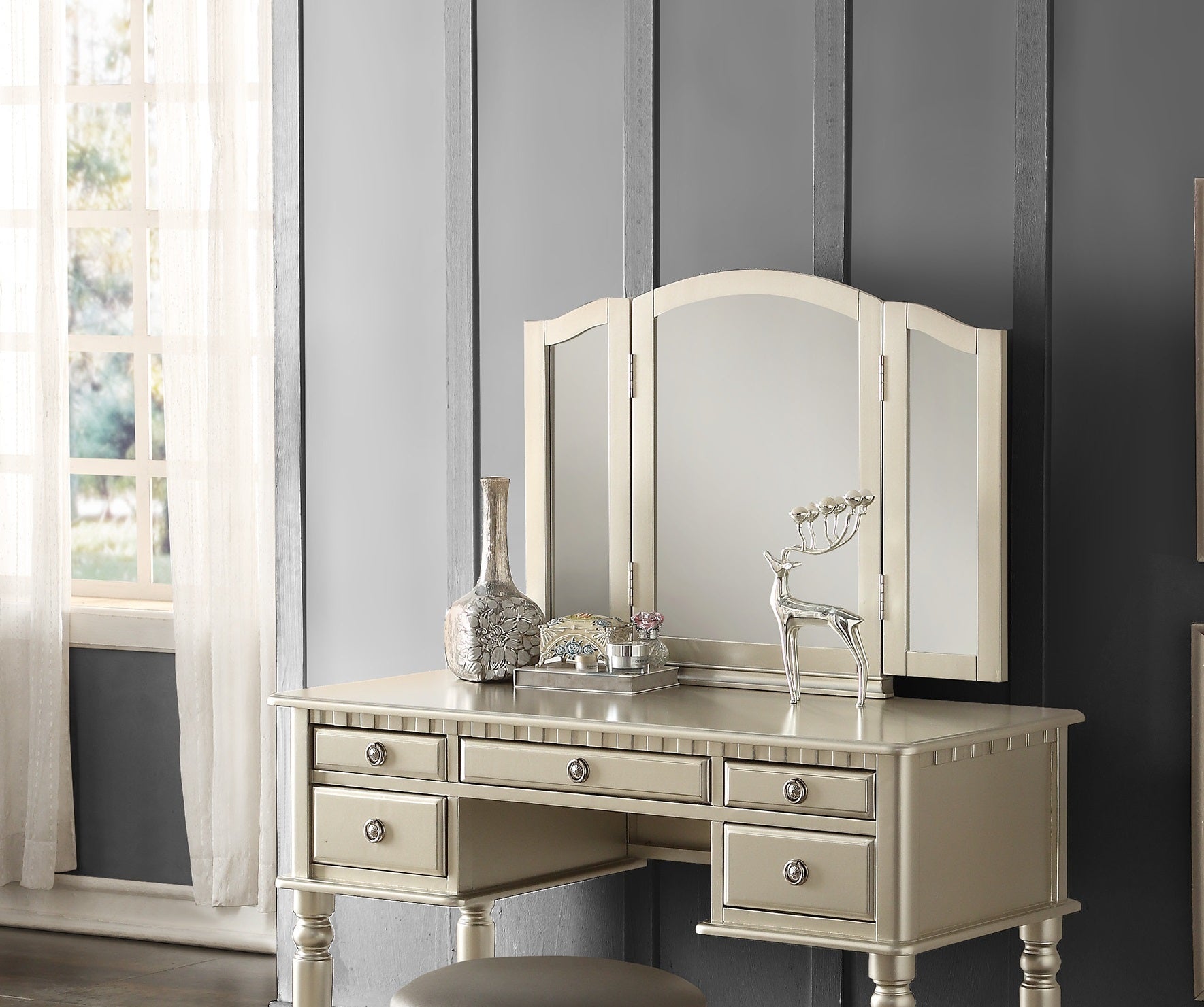 HAOYYE Bedroom Contemporary Vanity Set with Foldable Mirror, Padded Stool & Storage Drawers – Stylish Silver Color, Space-Saving Design for Small Spaces, Elegant Makeup Table for Bedroom or Dressing Room