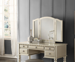HAOYYE Bedroom Contemporary Vanity Set with Foldable Mirror, Padded Stool & Storage Drawers – Stylish Silver Color, Space-Saving Design for Small Spaces, Elegant Makeup Table for Bedroom or Dressing Room