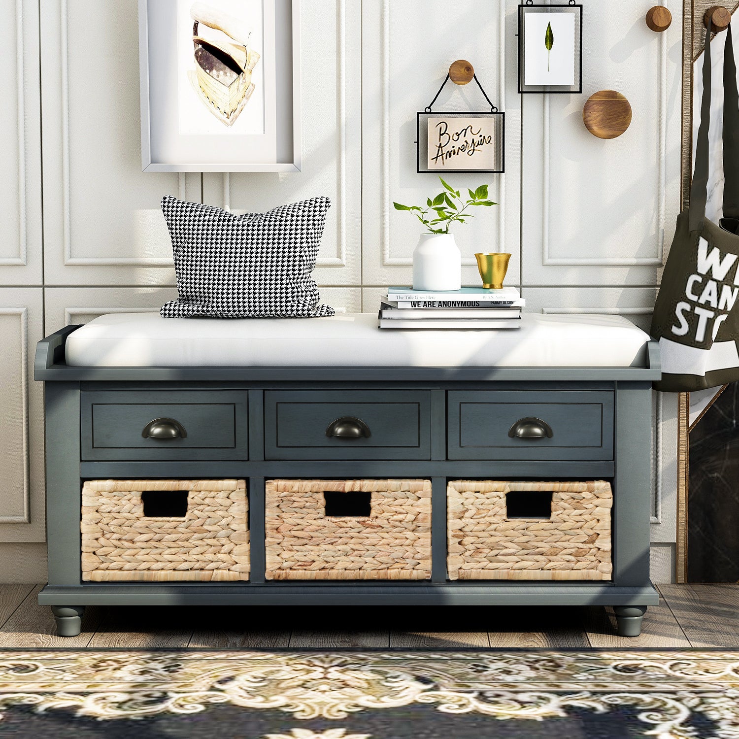 HAOYYE Rustic Storage Bench with Three Drawers and Three Rattan Baskets, Shoe Bench for Living Room or Entryway, Antique Navy, Sturdy Space-Saving Design, Heavy Duty Construction, Easy Assembly, Durable and Stylish Home Furniture